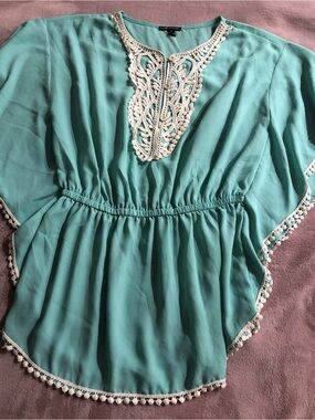 Womens Aqua Crochet-Trim Peasant Blouse